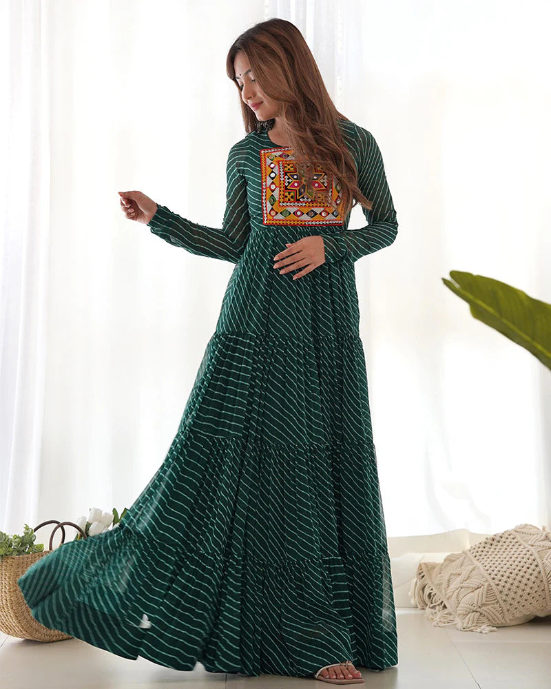 Womenline Green Color Georgette Laheriya Print Navratri Gown