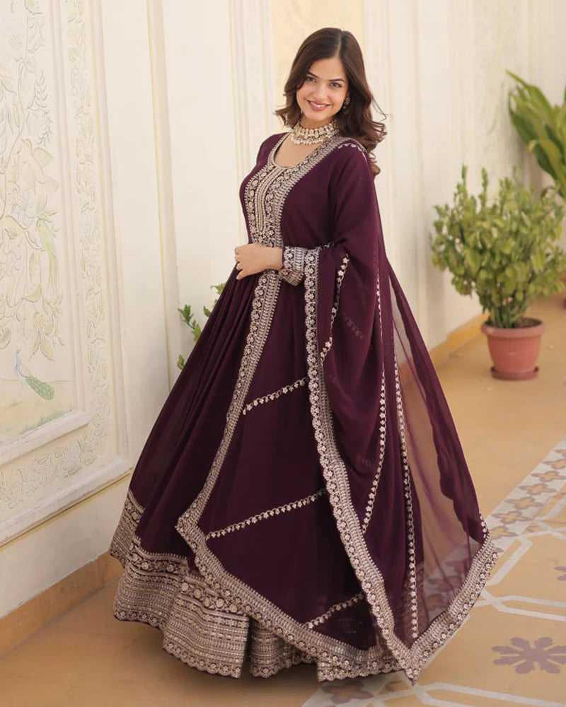 Womenline Wine Color Faux Blooming Rich Sequence Embroidered Gown