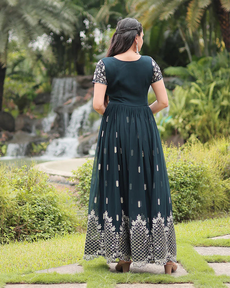 Womenline Mehndi Color Faux Blooming Embroidered Gown