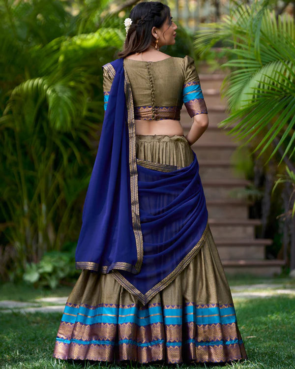Womenline Chikoo Color Poly Cotton Zari Weaving Work Half Saree