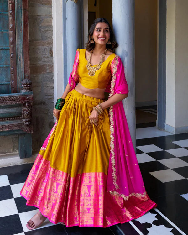 Womenline Mustard Color Narayan Pattu Silk Designer Half Saree