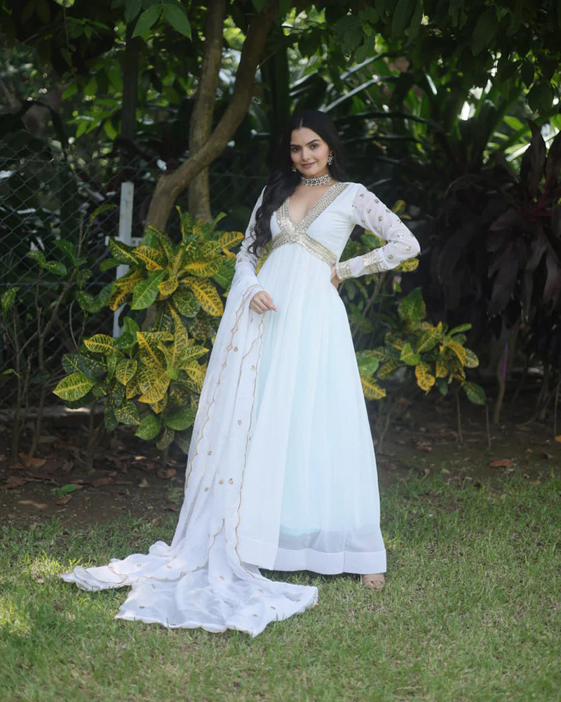 Womenline Wedding Wear Embroidered White Color Alia Cut Gown With Dupatta