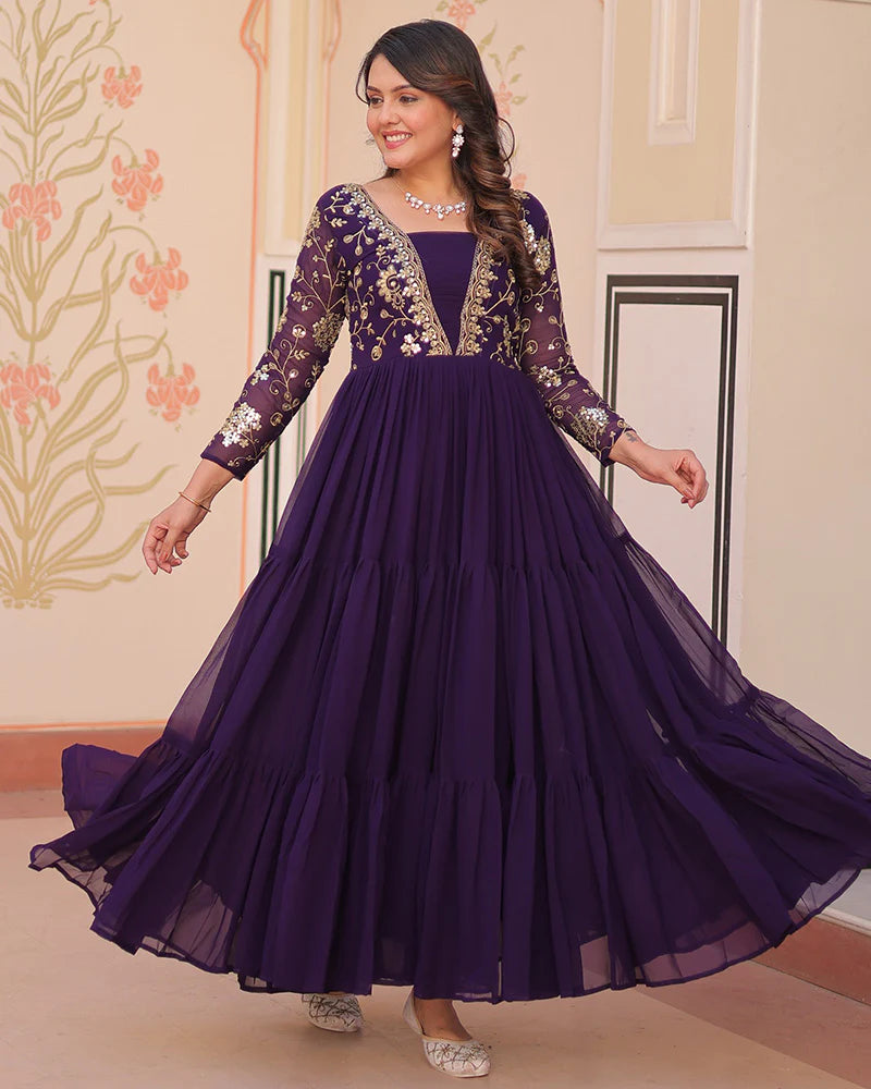 Womenline Elegant Purple Floor-Length Gown With Golden Threadwork
