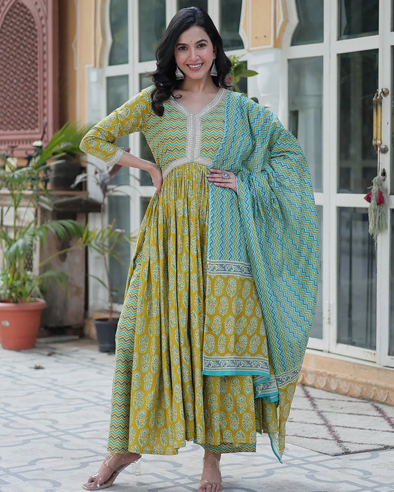 Womenline Lime Green Color Printed Pure Cotton Three Piece Kurti Suit