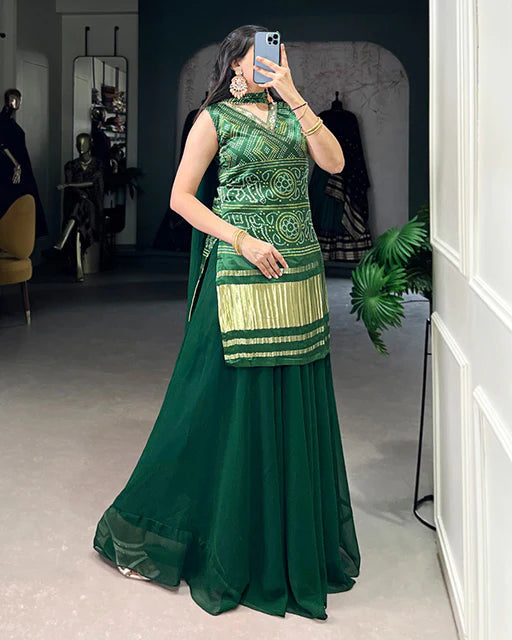 Womenline Green Color Gaji Silk Three Piece Plazo Suit