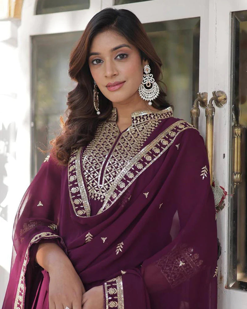 Womenline Wine Color Faux Blooming Rich Embroidered Work Gown