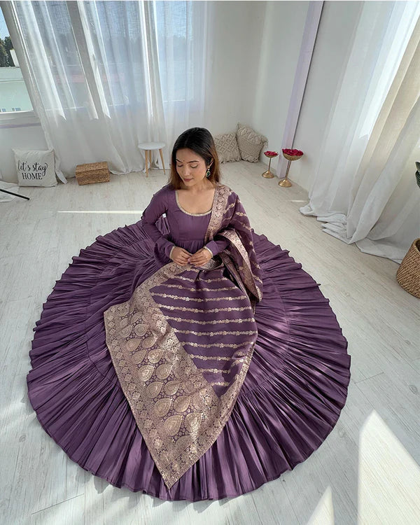 Womenline Dusty Purple Color Pure Roman Silk Ruffle Style Anarkali Suit