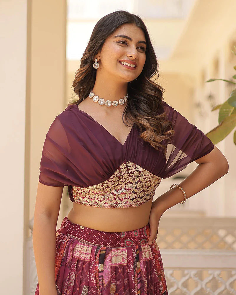 Womenline Wine Color Designer Russian Silk Embroidery Crop Top Lehenga Choli