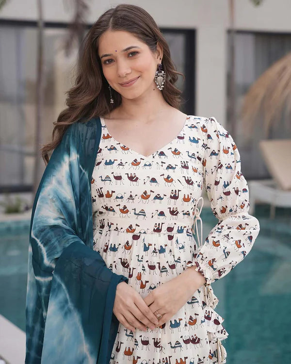 Womenline White Color Printed Pure Cotton Angarkha Style Anarkali Suit