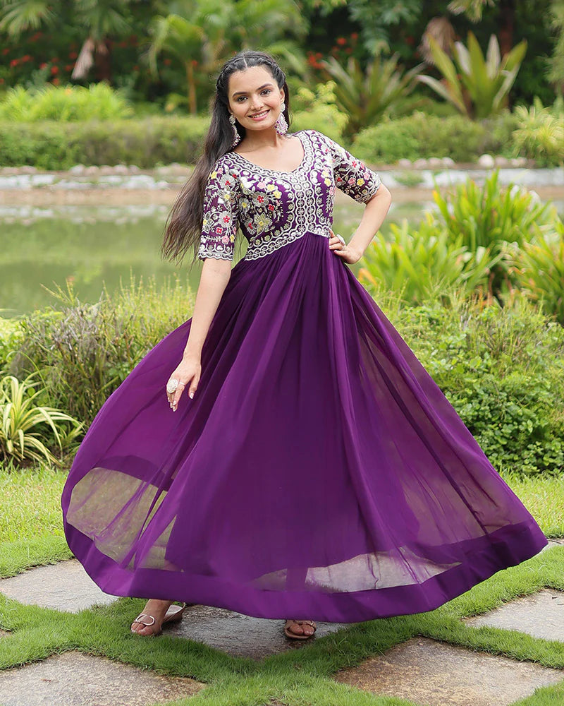 Womenline Purple Color Faux Blooming Embroidered Gown