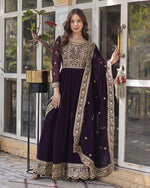 Womenline Wine Color Faux Blooming Embroidered Gown