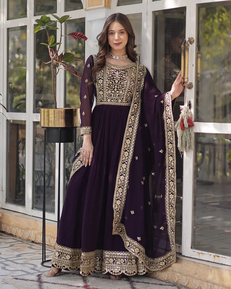 Womenline Wine Color Faux Blooming Embroidered Gown