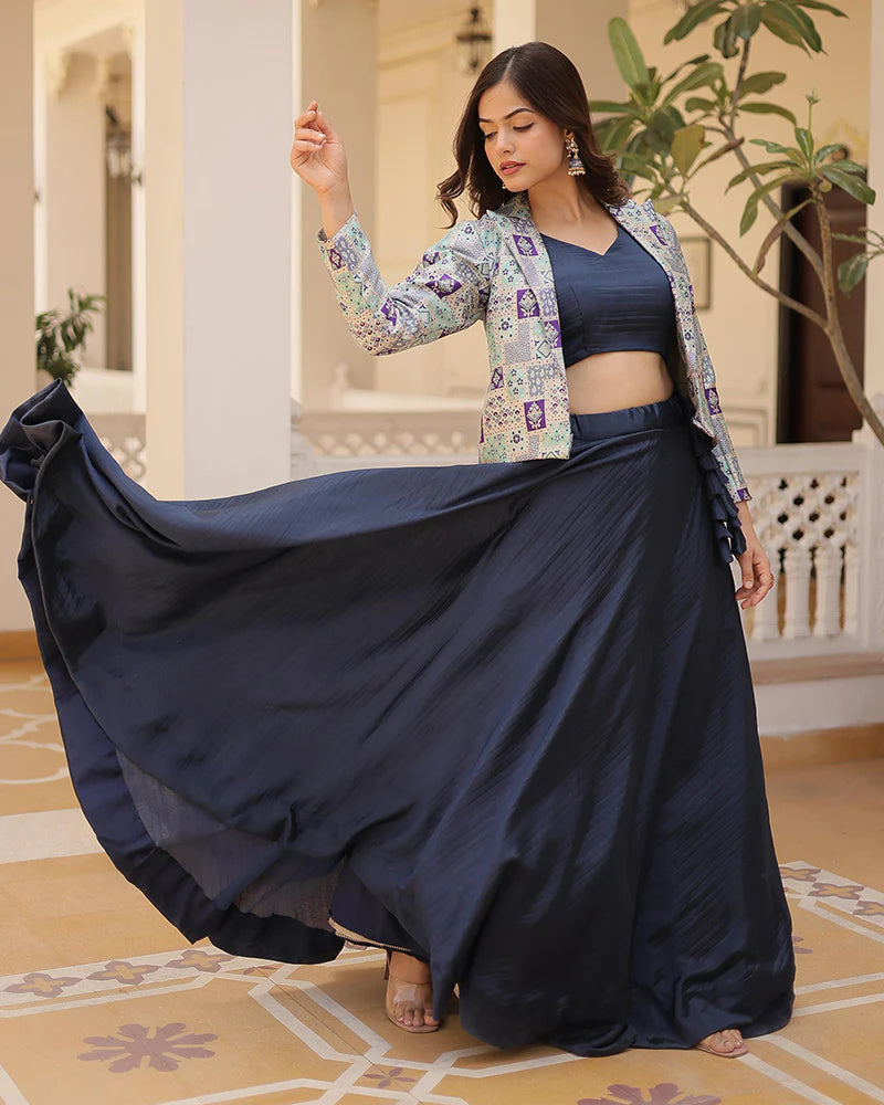 Womenline Navy Blue Color Pure Chinnon Lehenga Choli