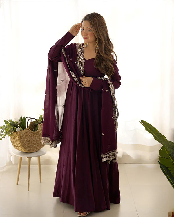 Womenline Beautiful Wine Color Pure Chanderi Silk Three Piece Anarkali Suit