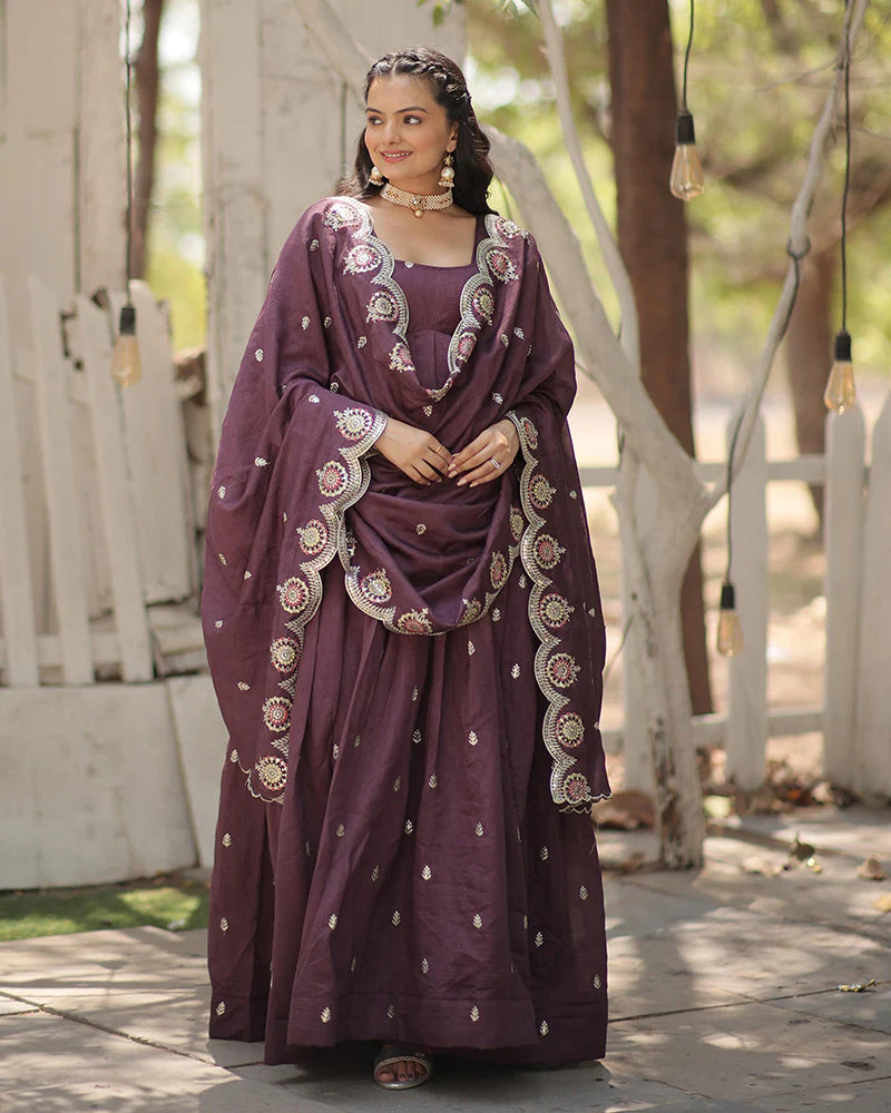 Womenline Onion Color Vichitra Shimmer Sequence Embroidered Gown