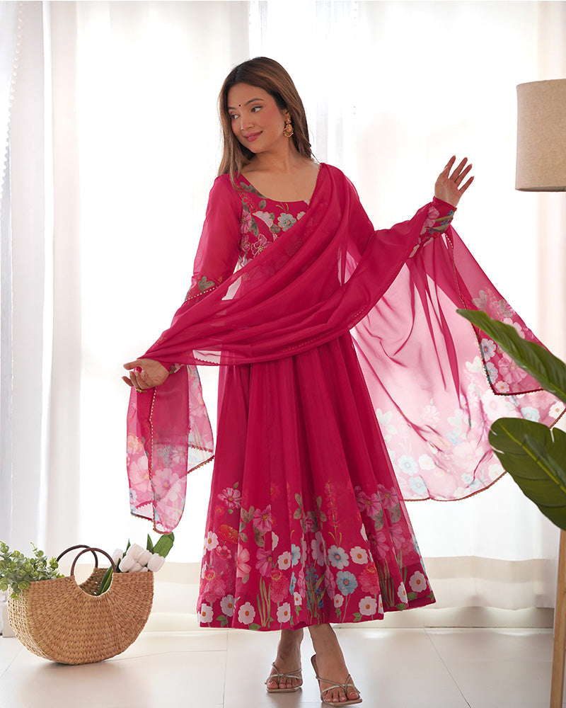 Womenline Rani Pink Color Floral Print Organza Three Piece Anarkali Suit