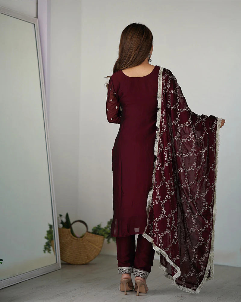 Womenline Maroon Color Rangoli Silk Three Piece Kurti Suit
