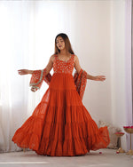 Womenline Orange Color Georgette Five Layer Ruffle Style Anarkali Suit