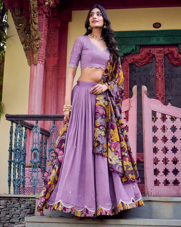 Womenline Lavender Color Vichitra Silk Embroidered Half Saree