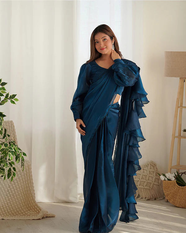 Womenline Teal Blue Color Soft Organza Saree