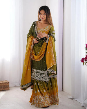 Womenline Mehndi Color Chinnon Sequence Work Plazzo Suit