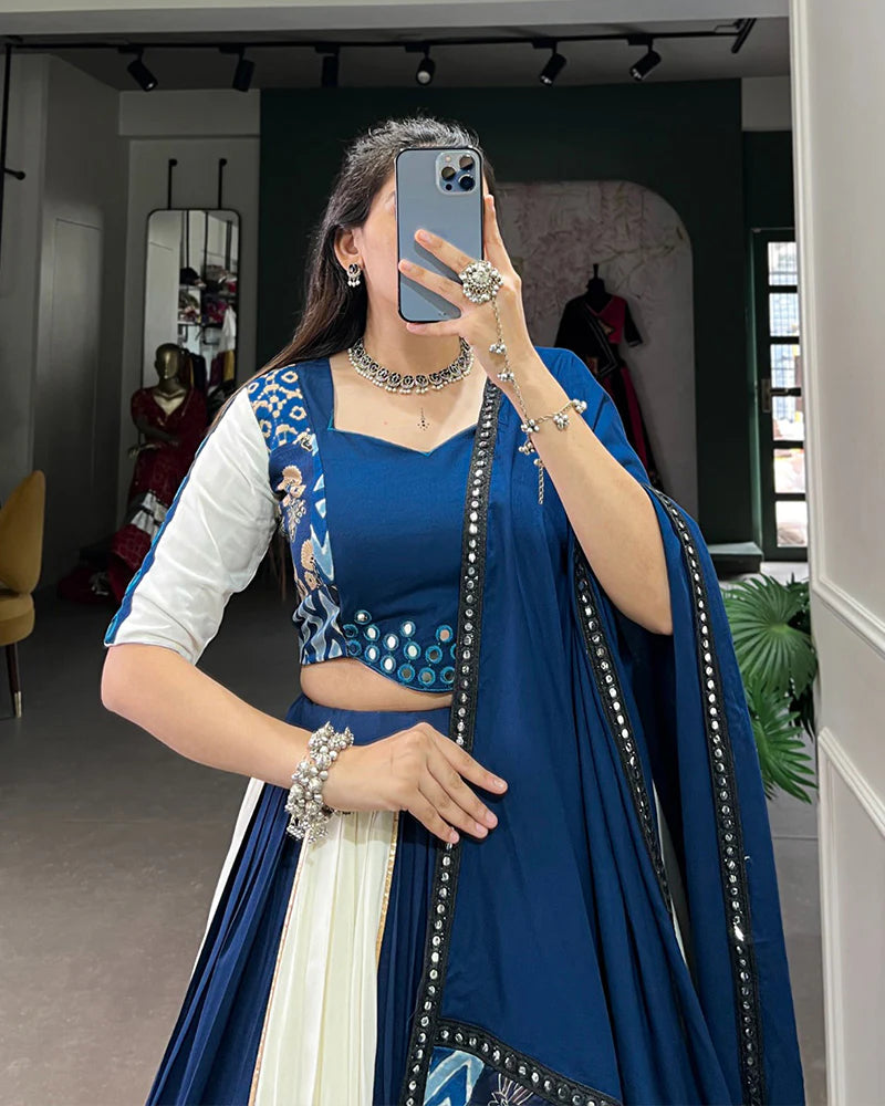 Womenline White And Blue Color Rayon Navratri Lehenga Choli
