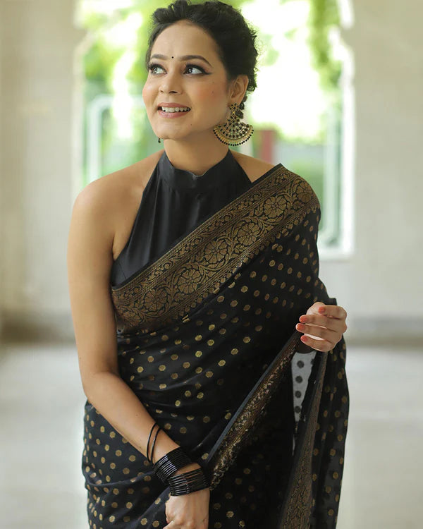 Womenline Black Color Banarasi Jacquard Soft Silk Saree