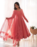 Womenline Dark Peach Color Georgette Lucknowi Three Piece Anarkali Suit