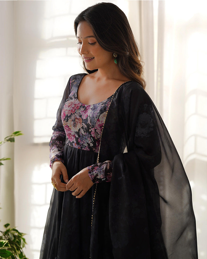 Womenline Black Color Floral Print Organza Three Piece Anarkali Suit