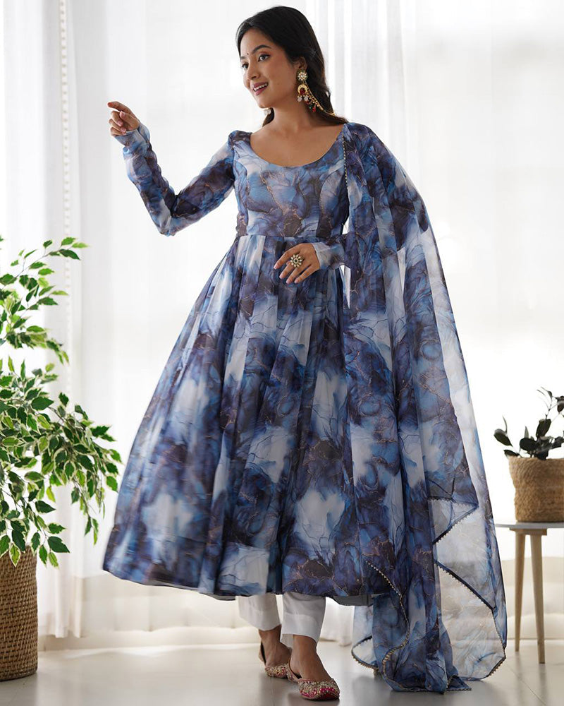 Womenline Navy Blue Color Pure Soft Organza Three Piece Anarkali Suit