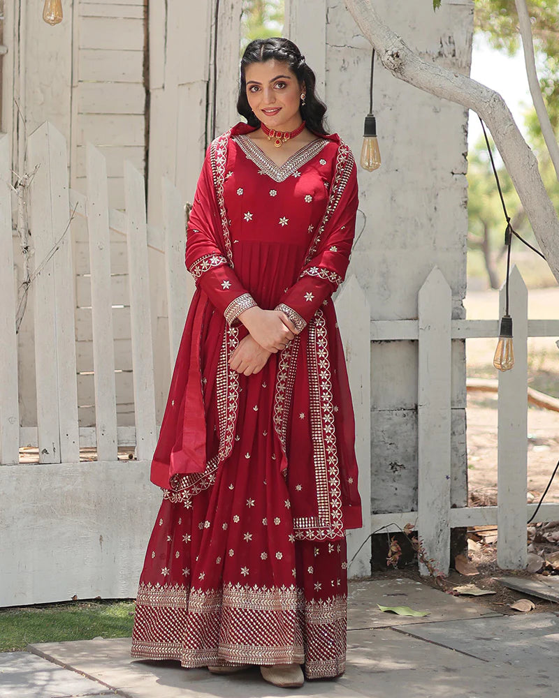 Womenline Designer Maroon Color Faux Blooming Embroidered Gown