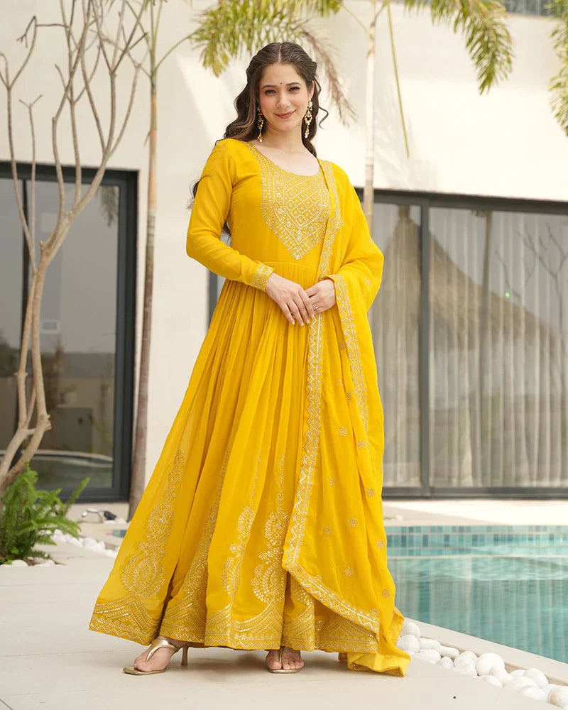 Womenline Yellow Color Faux Blooming Embroidered Gown