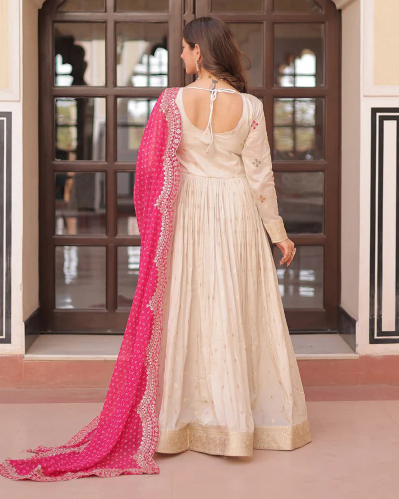 Womenline Off-White Color Jacquard Gown With Pink Dupatta