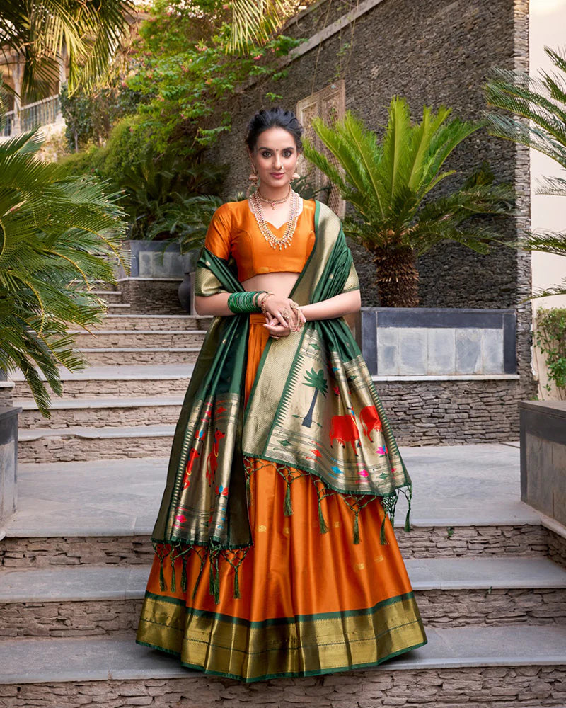 Womenline Orange Color Jacquard Silk Zari Weaving Work Lehenga Choli