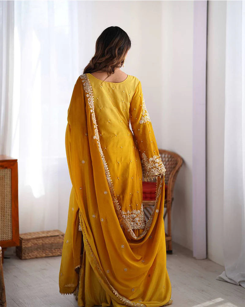Womenline Yellow Color Chinnon Sequence Work Plazzo Suit
