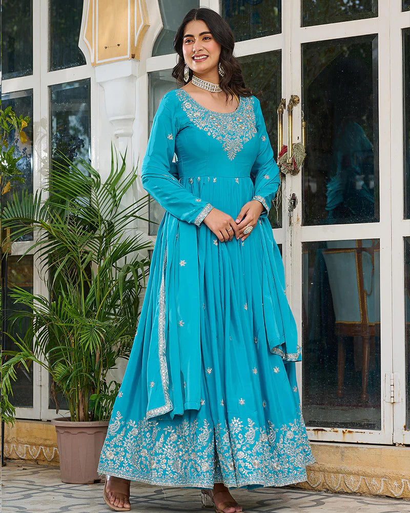Womenline Sky Blue Color American Silk Thred with Sequnce work Gown