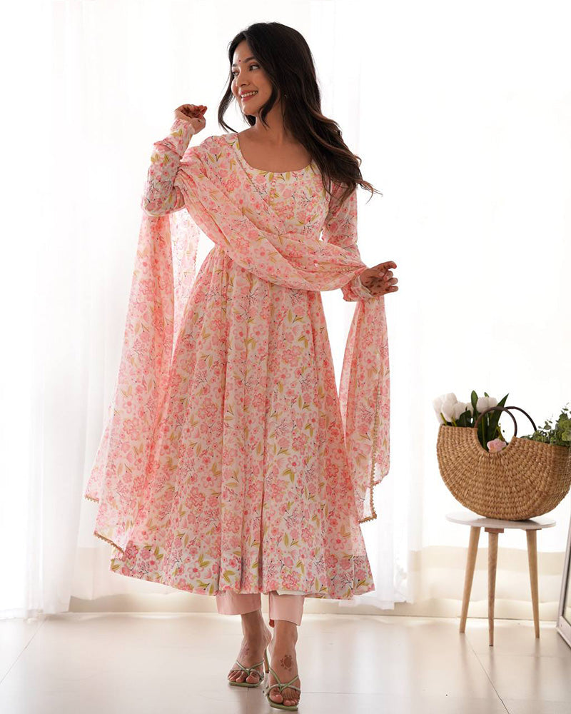 Womenline Multi Pink Color Chiffon Floral Print Three Piece Anarkali Suit