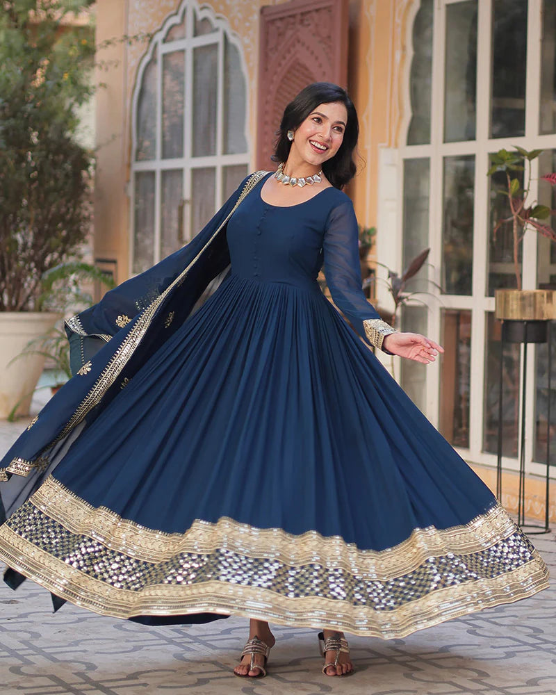 Womenline Rama Color Faux Blooming Zari Embroidered Work Gown