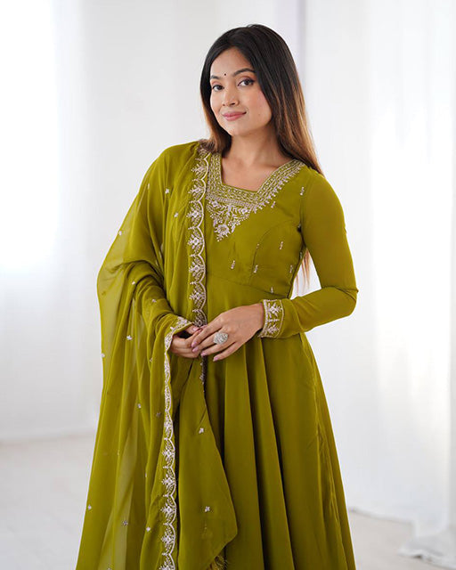 Womenline Mehndi Green Color Georgette Embroidered Three Piece Anarkali Suit