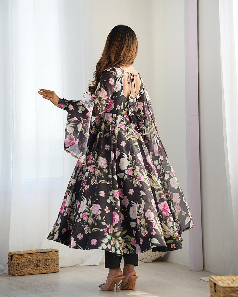 Womenline Black Color Pure Soft Organza Three Piece Anarkali Suit