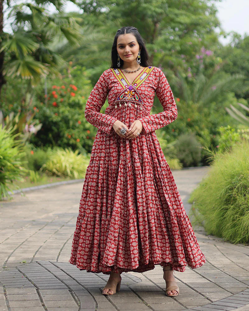 Womenline Maroon Color Cotton Gamthi Work Navratri Gown