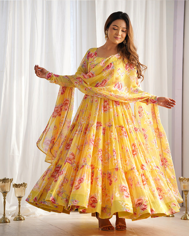 Womenline Yellow Color Georgette Three Layer Ruffle Style Anarkali Suit