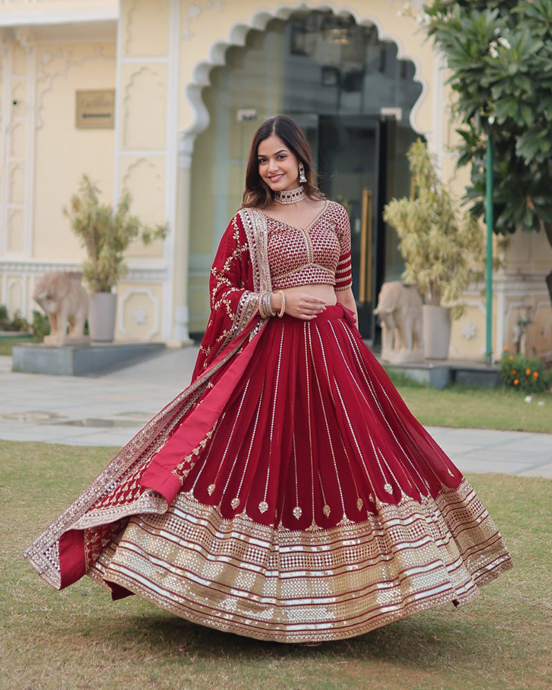 Womenline Wedding Wear Maroon Color Designer Blooming Semi stitched Lehenga Choli