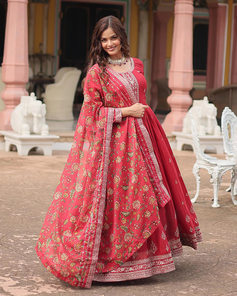 Womenline Maroon Color Chinnon Sequence Embroidered Gown