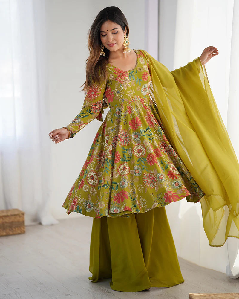 Womenline Mehndi Color Roman Silk Discharge Printed Plazzo Suit