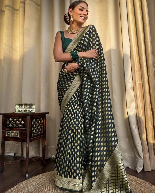 Womenline Beautiful Green Color Banarasi Jacquard Weaving Saree