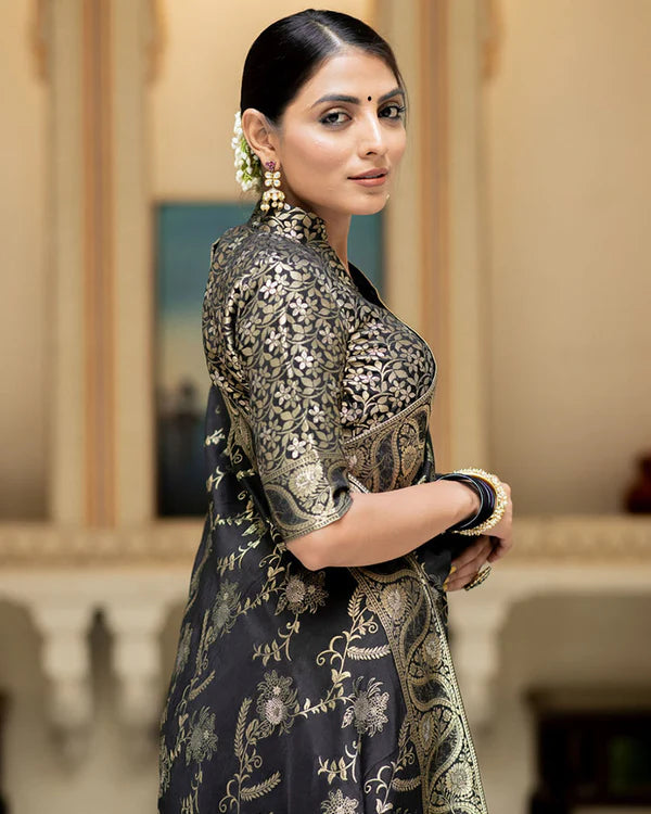 Womenline Black Color Banarasi Jacquard Zari Weaving Saree