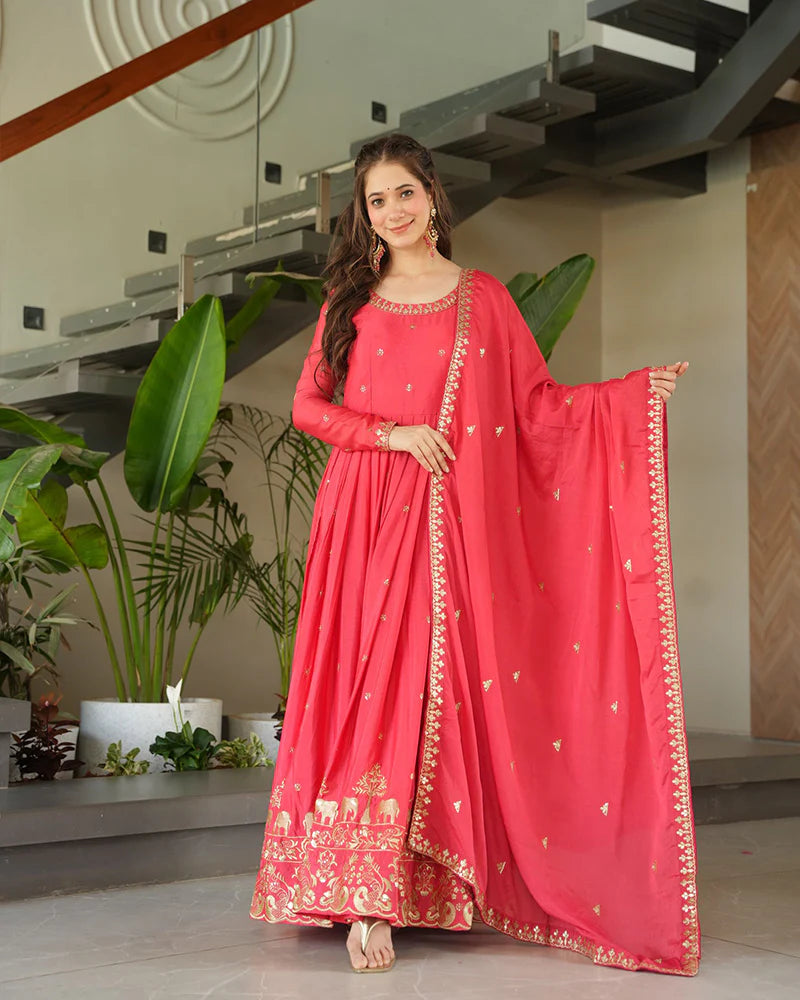 Womenline Peach Color Chinon Silk Sequins Embroidered Gown