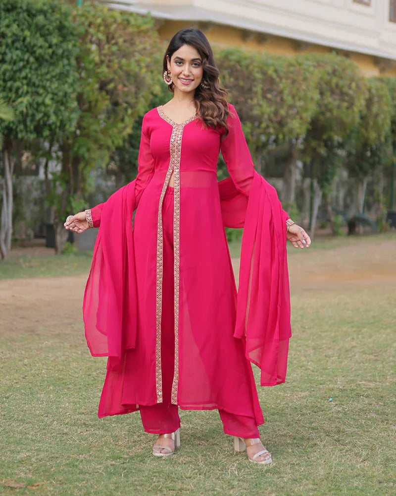 Womenline Western Designer Rani Pink Color Georgette Three Piece Kurti Suit