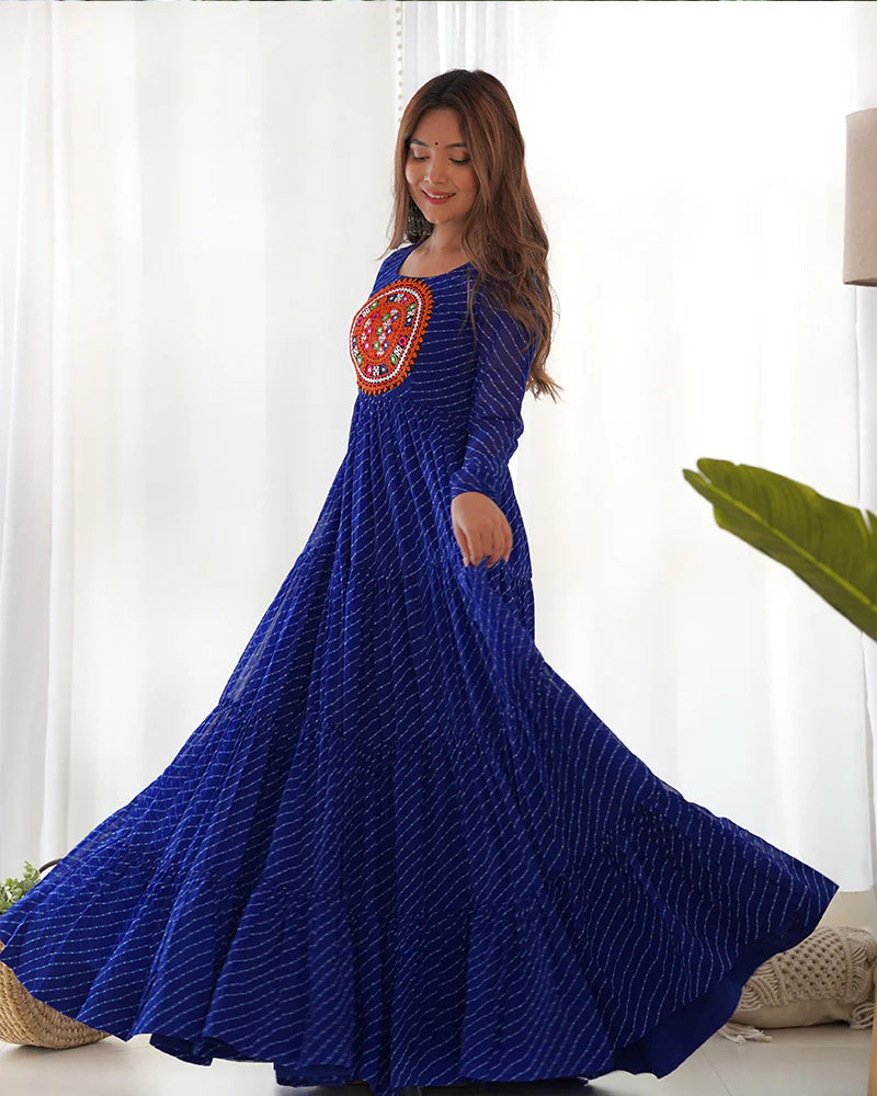 Womenline Royal Blue Color Georgette Laheriya Print Navratri Gown
